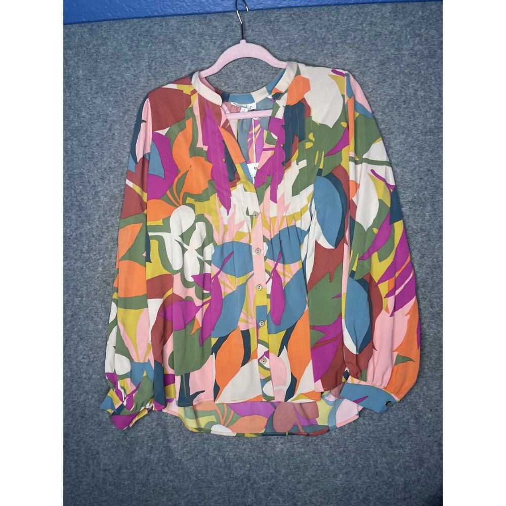 Easel Long Sleeve Pleated Abstract Colorful Sophia Twill Button Blouse Small NWT - Picture 6 of 7